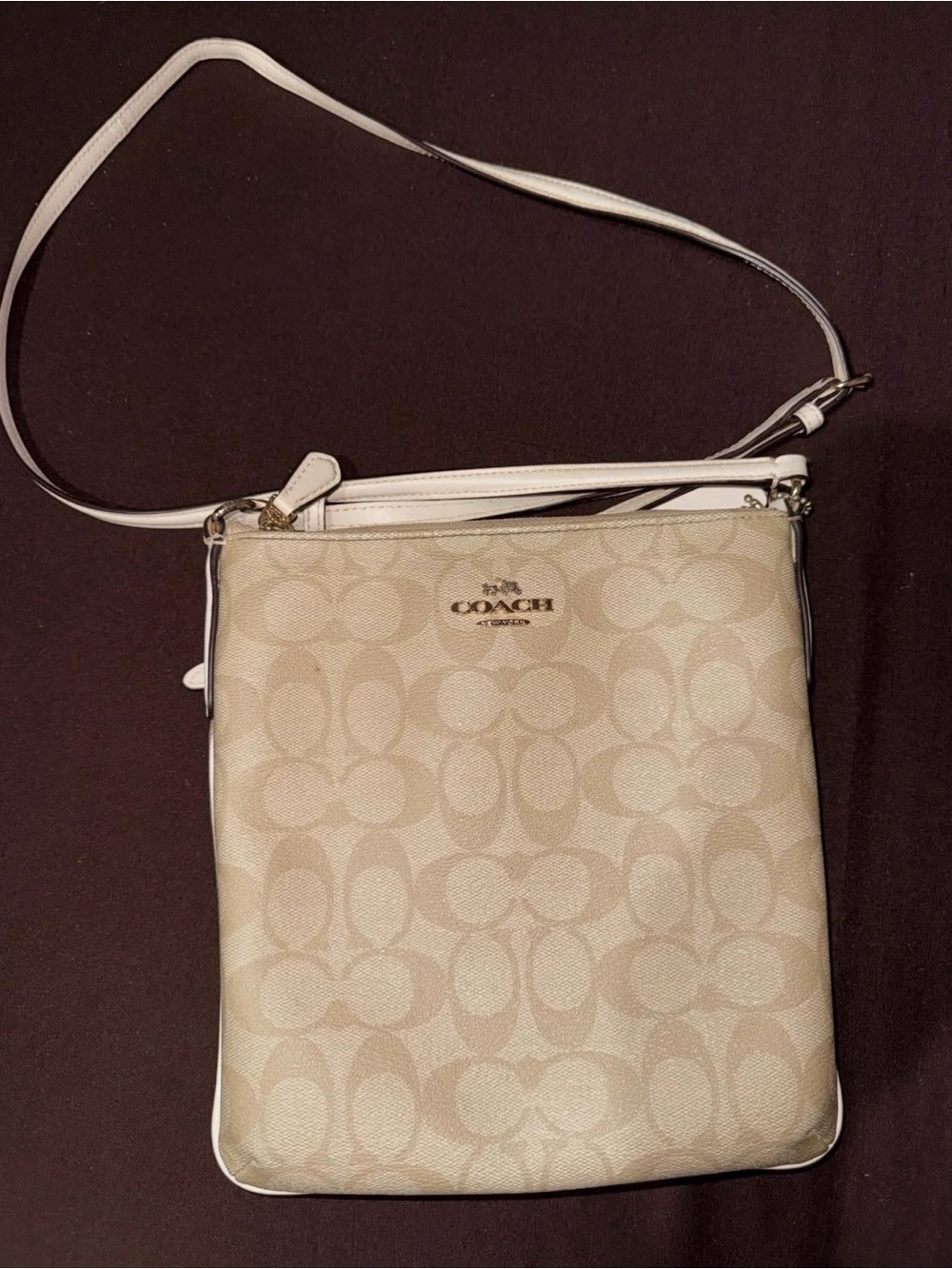 Coach Beige Signature Jacquard Crossbody with White Strap